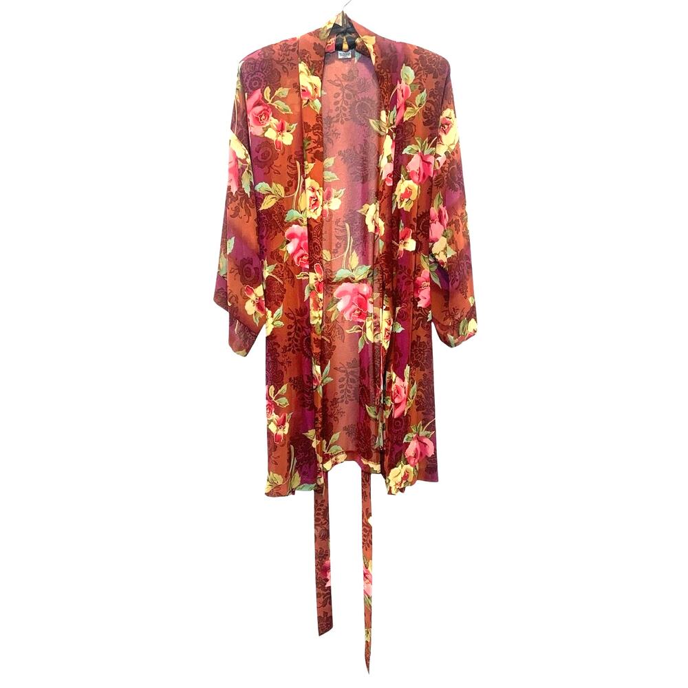 Private Luxuries Sheer kimono Robe Red with Pink Rose Floral Print Size L